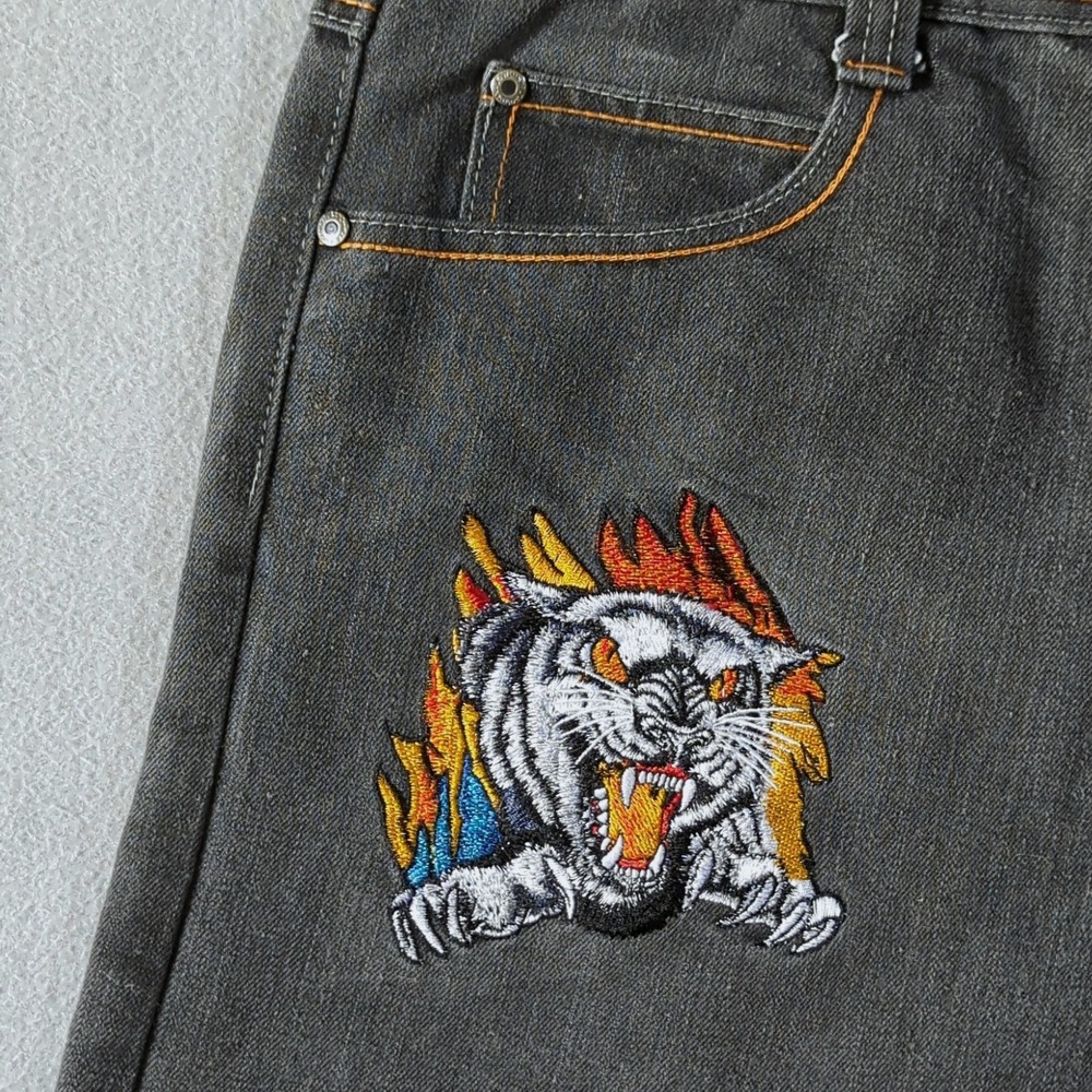 Exa Unlimited Denim Shorts Mens 36 Gray Vintage Tiger Embroidered Baggy Y2K - Picture 4 of 9